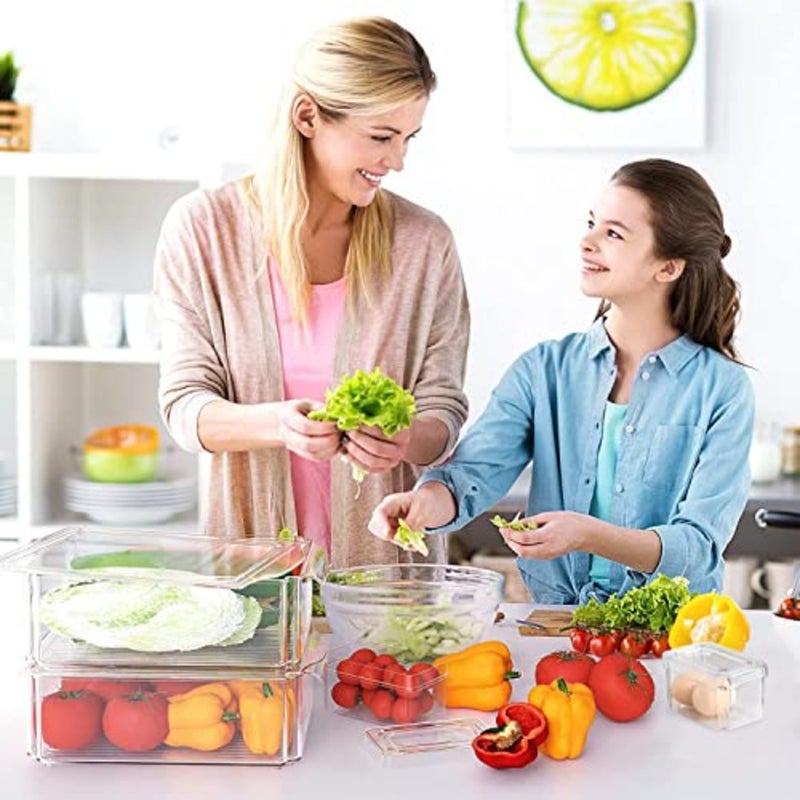 مجموعة منظم الثلاجة: حاويات بلاستيكية شفافة قابلة للتكديس خالية من مادة BPA مع أغطية لتخزين طعام المطبخ وتنظيم مخزن المؤن، شفافة - Image 2