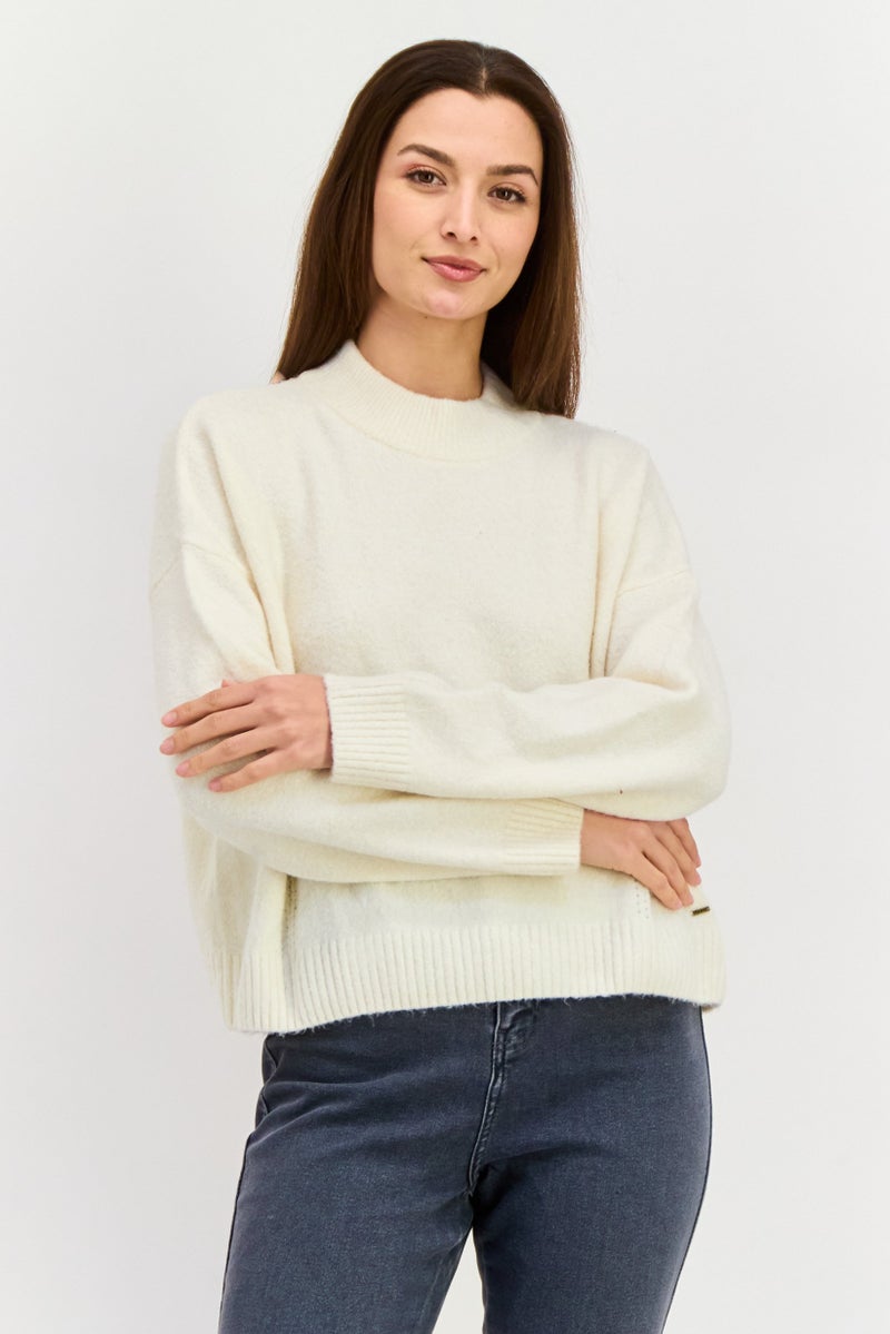 Pepe Jeans Women Mock Neck Knitted Long Sleeves Sweater, Ivory - Image 1