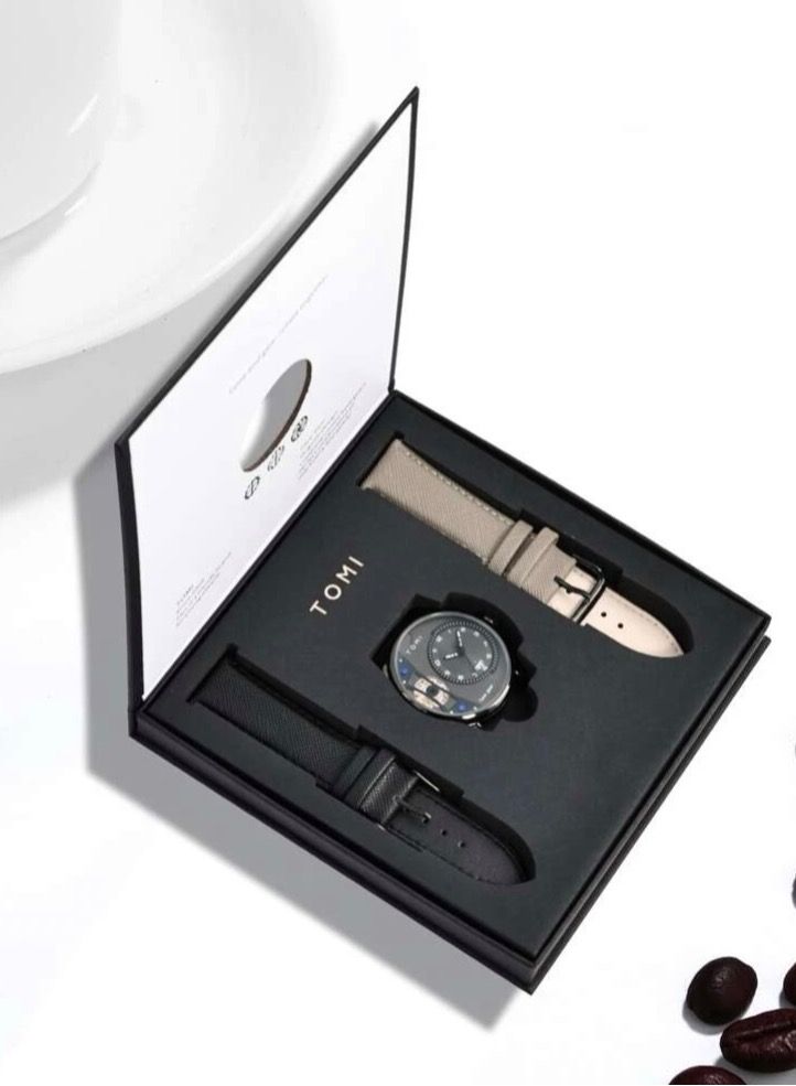 TOMI Watch With a Distinctive Shape, A Black Leather Strap and a Beige Bracelet for Men, in Addition to Displaying The Date on a Daily Basis - Image 4