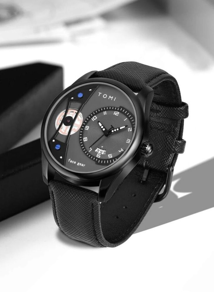 TOMI Watch With a Distinctive Shape, A Black Leather Strap and a Beige Bracelet for Men, in Addition to Displaying The Date on a Daily Basis - Image 1