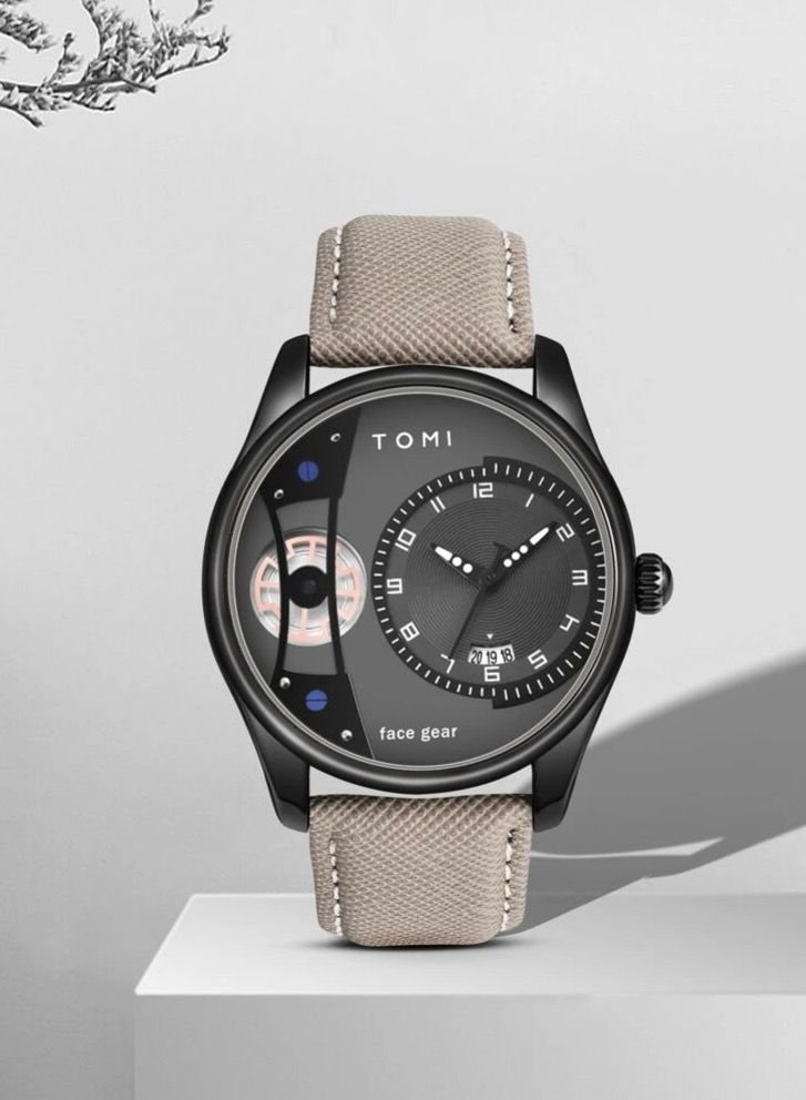 TOMI Watch With a Distinctive Shape, A Black Leather Strap and a Beige Bracelet for Men, in Addition to Displaying The Date on a Daily Basis - Image 2