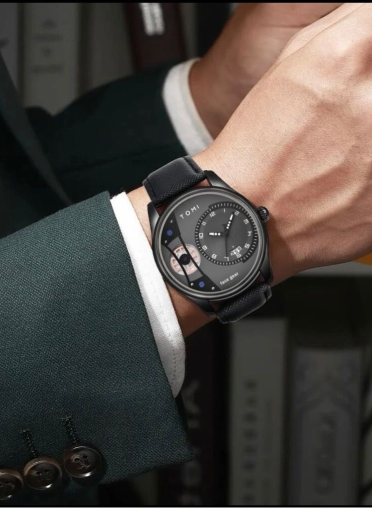 TOMI Watch With a Distinctive Shape, A Black Leather Strap and a Beige Bracelet for Men, in Addition to Displaying The Date on a Daily Basis - Image 5