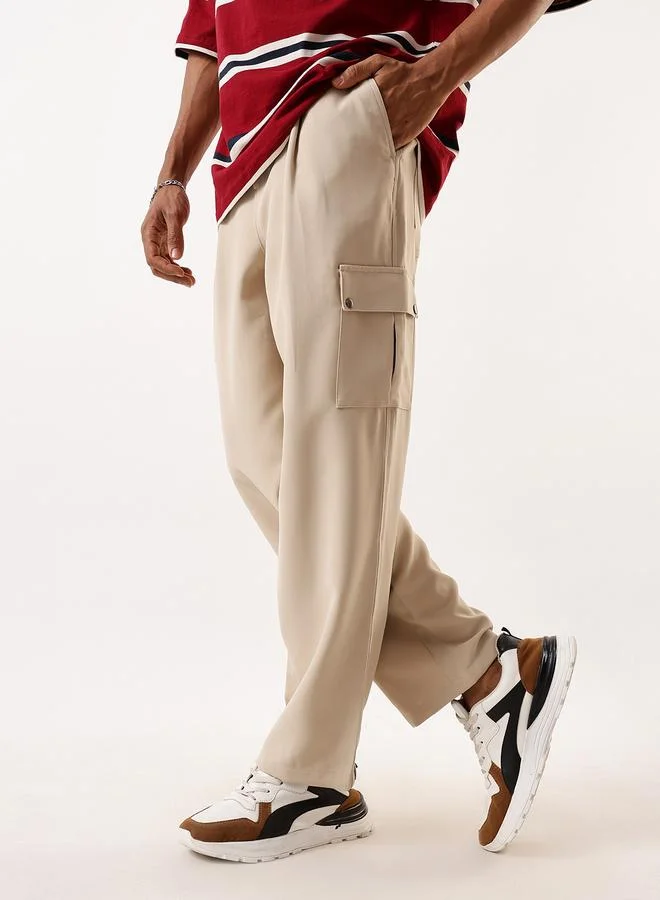 هاي ستار Men's Beige Polyester Solid Full Cargo Relaxed Trouser