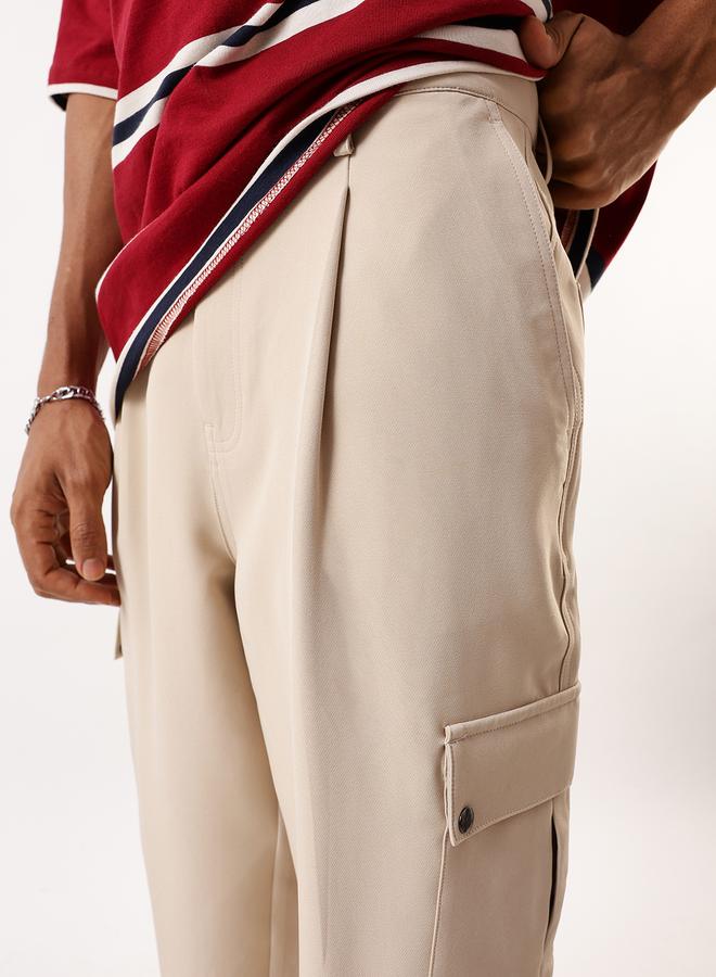 HIGH STAR Men's Beige Polyester Solid Full Cargo Relaxed Trouser  - Image 4