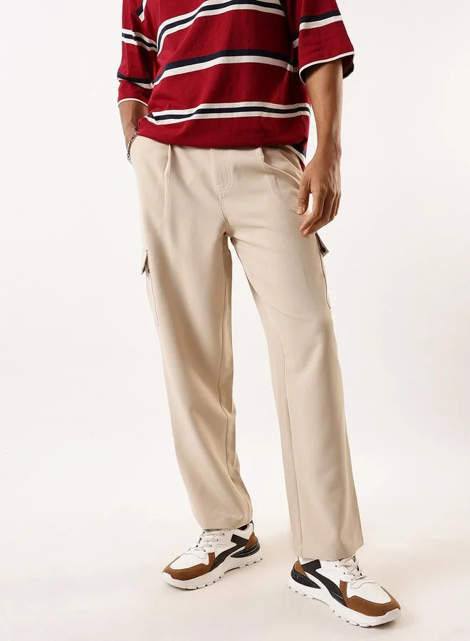 هاي ستار Men's Beige Polyester Solid Full Cargo Relaxed Trouser