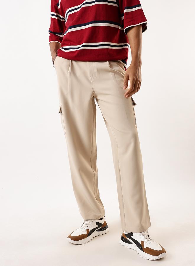 HIGH STAR Men's Beige Polyester Solid Full Cargo Relaxed Trouser  - Image 2