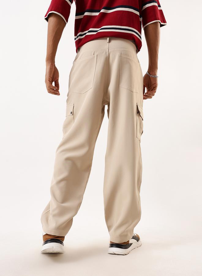 HIGH STAR Men's Beige Polyester Solid Full Cargo Relaxed Trouser  - Image 5