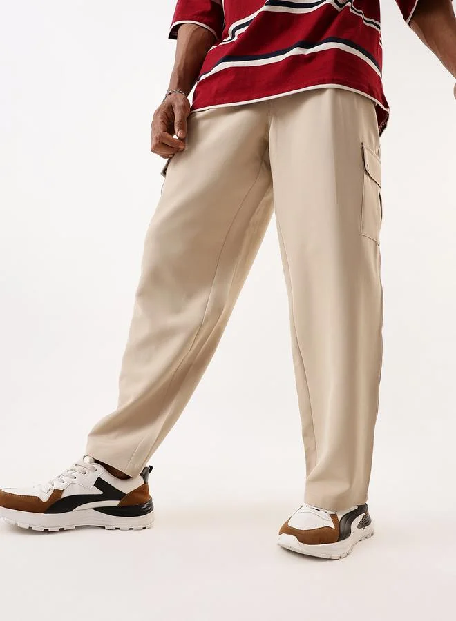 HIGH STAR Men's Beige Polyester Solid Full Cargo Relaxed Trouser