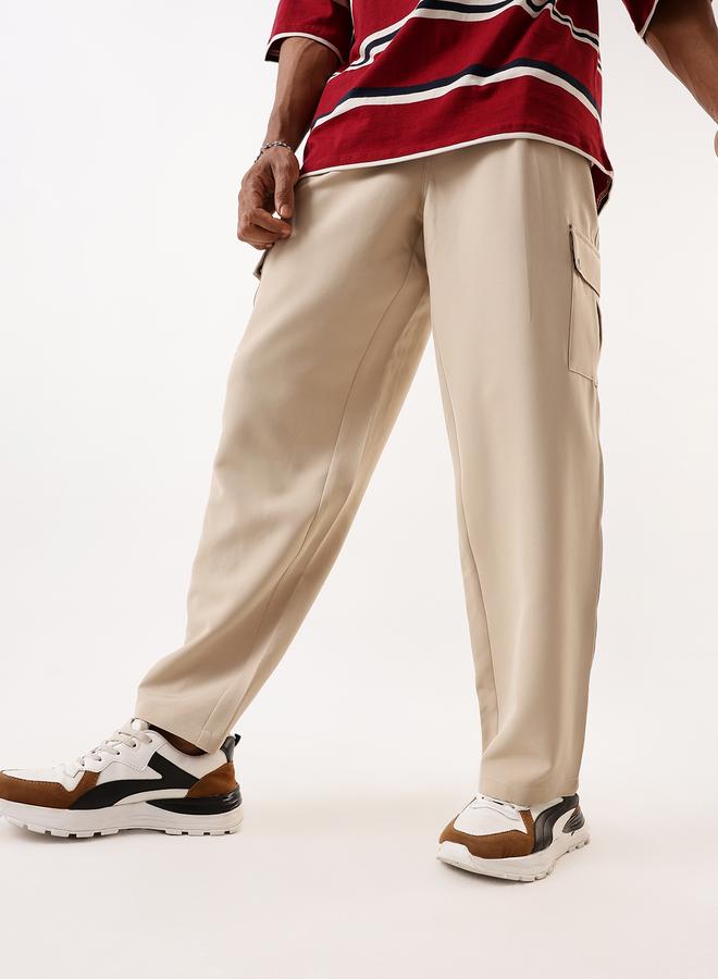 HIGH STAR Men's Beige Polyester Solid Full Cargo Relaxed Trouser  - Image 3