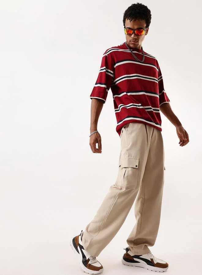 HIGH STAR Men's Beige Polyester Solid Full Cargo Relaxed Trouser