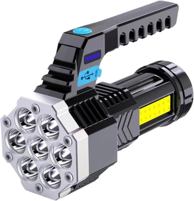 مصباح يدوي قابل للشحن عبر USB، 7 مصابيح LED ساطعة جدًا، مثالي للاستخدام في الهواء الطلق، خفيف ومتين، 4 أوضاع للإضاءة قابلة للتعديل، مناسب للتخييم والتنزه والصيد وفي حالات انقطاع التيار الكهربائي، أبعا - Image 1