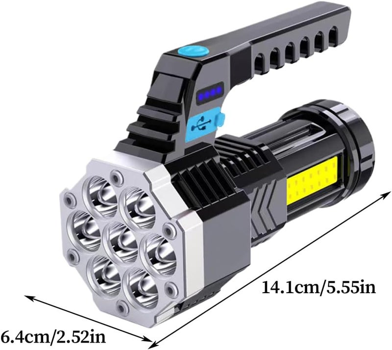 مصباح يدوي قابل للشحن عبر USB، 7 مصابيح LED ساطعة جدًا، مثالي للاستخدام في الهواء الطلق، خفيف ومتين، 4 أوضاع للإضاءة قابلة للتعديل، مناسب للتخييم والتنزه والصيد وفي حالات انقطاع التيار الكهربائي، أبعا - Image 2