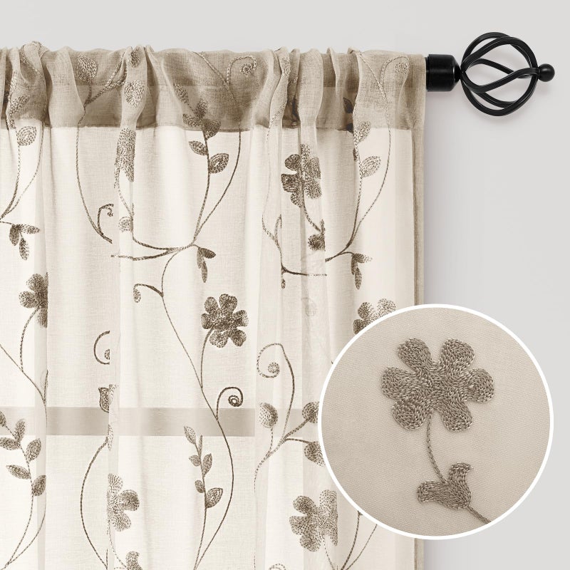 HOMEIDEAS HOMEIDEAS Taupe Sheer Curtains 63 Inches Length 2 Panels Beige Embroidered Floral Sheer Pattern Curtains Semi Sheer Window Curtains for Bedroom Living Room - Image 4