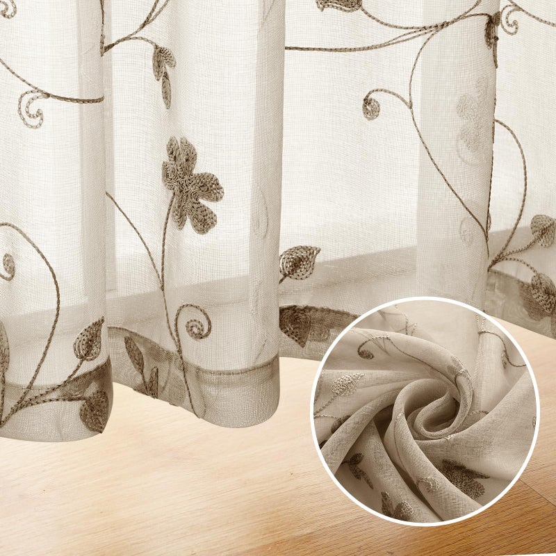 HOMEIDEAS HOMEIDEAS Taupe Sheer Curtains 63 Inches Length 2 Panels Beige Embroidered Floral Sheer Pattern Curtains Semi Sheer Window Curtains for Bedroom Living Room - Image 5