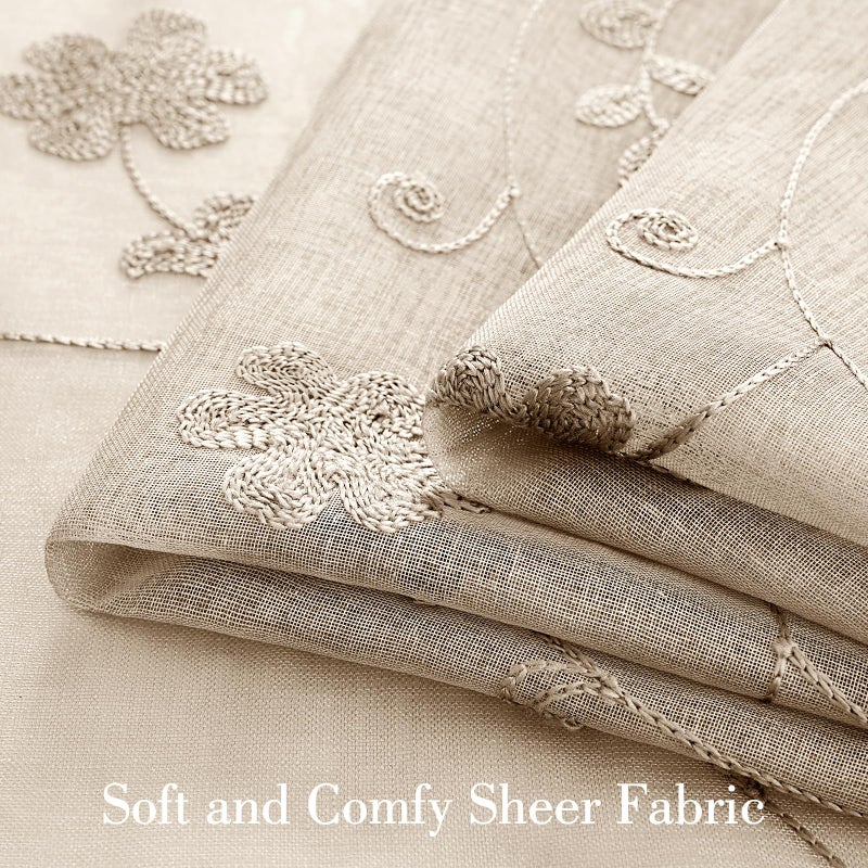 HOMEIDEAS HOMEIDEAS Taupe Sheer Curtains 63 Inches Length 2 Panels Beige Embroidered Floral Sheer Pattern Curtains Semi Sheer Window Curtains for Bedroom Living Room - Image 3