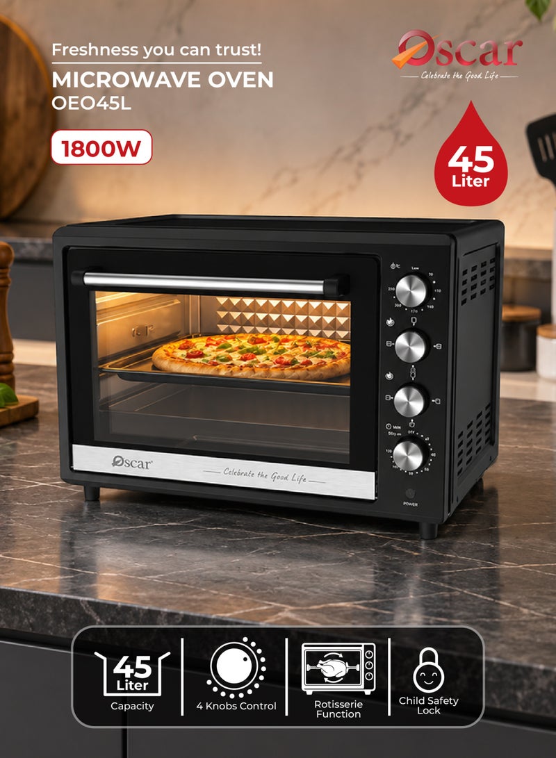 Oscar 45L Large Capacity Electric Oven - 1800W | Rotisserie & Convection Function with Inner Light | Double Glass Door & 120‑Minute Timer | 4 Knob Control with Bake Tray, Wire Rack & Accessories | OEO45L - 2 Year Warranty - Image 2