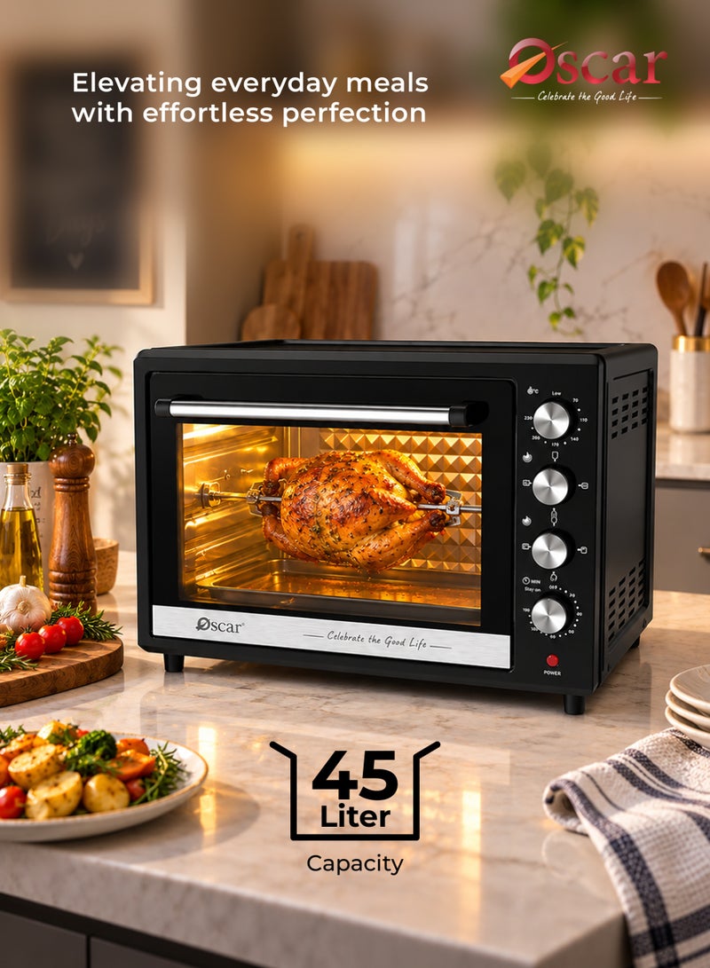 Oscar 45L Large Capacity Electric Oven - 1800W | Rotisserie & Convection Function with Inner Light | Double Glass Door & 120‑Minute Timer | 4 Knob Control with Bake Tray, Wire Rack & Accessories | OEO45L - 2 Year Warranty - Image 3