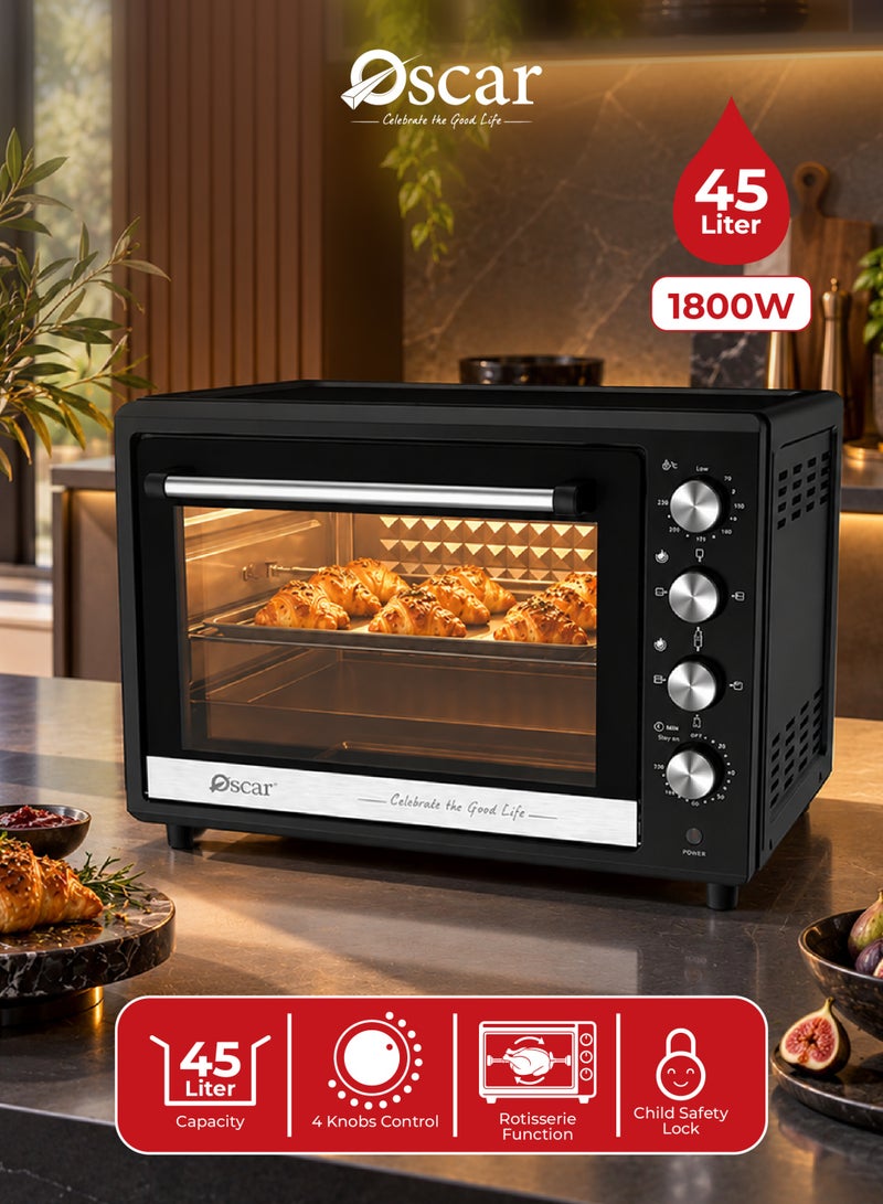 Oscar 45L Large Capacity Electric Oven - 1800W | Rotisserie & Convection Function with Inner Light | Double Glass Door & 120‑Minute Timer | 4 Knob Control with Bake Tray, Wire Rack & Accessories | OEO45L - 2 Year Warranty - Image 1