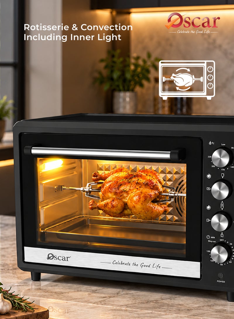 Oscar 45L Large Capacity Electric Oven - 1800W | Rotisserie & Convection Function with Inner Light | Double Glass Door & 120‑Minute Timer | 4 Knob Control with Bake Tray, Wire Rack & Accessories | OEO45L - 2 Year Warranty - Image 4