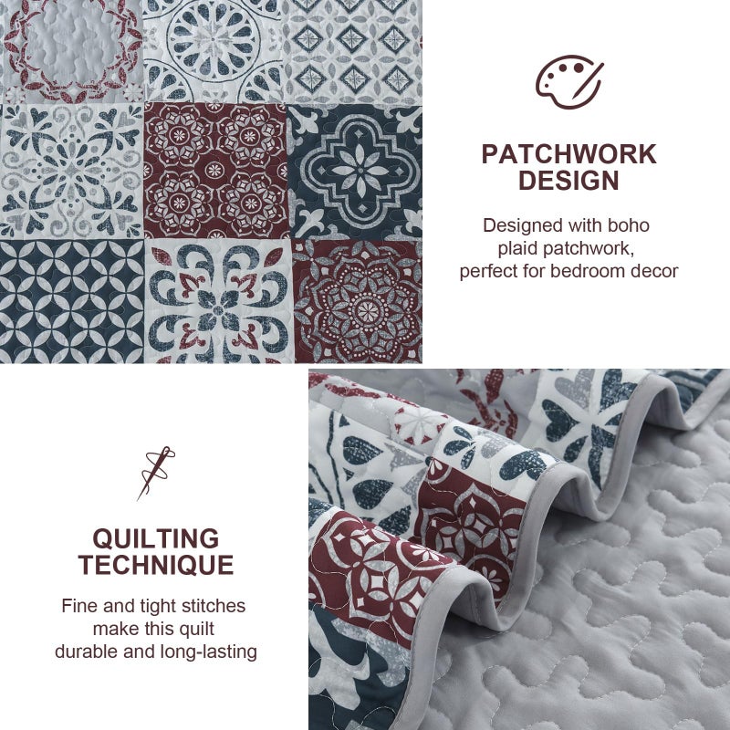 Dobuyly Patchwork Quilt Set King Size Boho Plaid Bedspread Red Grey Quilt Coverlet Set, 3 Pieces Soft Microfiber Lightweight Farmhouse Summer Bedding Set for All Seasons 110"x90" - Image 4