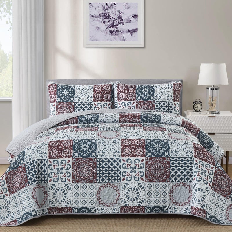 Dobuyly Patchwork Quilt Set King Size Boho Plaid Bedspread Red Grey Quilt Coverlet Set, 3 Pieces Soft Microfiber Lightweight Farmhouse Summer Bedding Set for All Seasons 110"x90" - Image 1