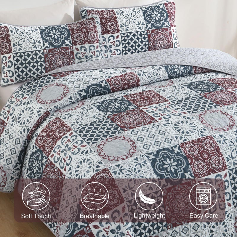 Dobuyly Patchwork Quilt Set King Size Boho Plaid Bedspread Red Grey Quilt Coverlet Set, 3 Pieces Soft Microfiber Lightweight Farmhouse Summer Bedding Set for All Seasons 110"x90" - Image 5