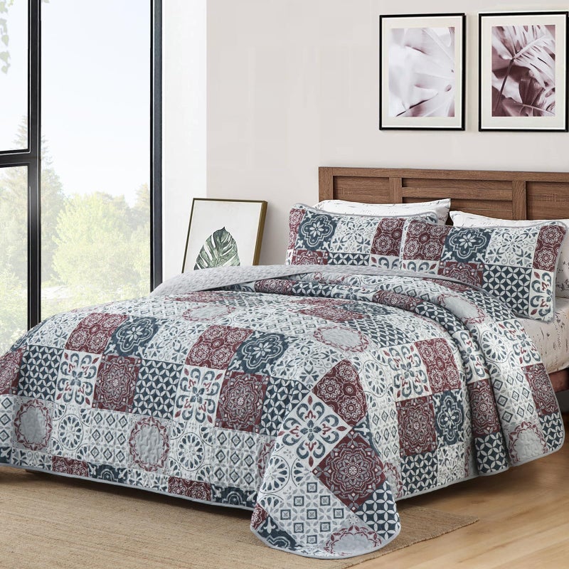 Dobuyly Patchwork Quilt Set King Size Boho Plaid Bedspread Red Grey Quilt Coverlet Set, 3 Pieces Soft Microfiber Lightweight Farmhouse Summer Bedding Set for All Seasons 110"x90" - Image 2