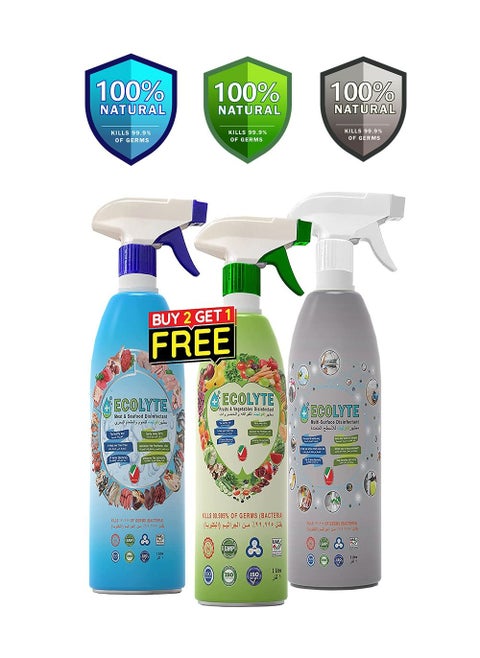 Ecolyte+ All in one Bundle (1 Ltr, 3pcs) Buy Two get one Free | Multi Surface Disinfectant | Fruit and vegetable Disinfectant | Meat and Seafood Disinfectant | Complete Natural Disinfectant Bundle