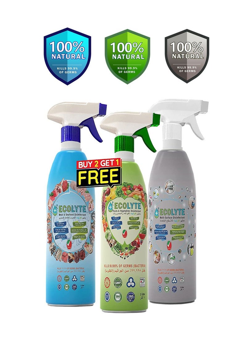 Ecolyte+ All in one Bundle (1 Ltr, 3pcs) Buy Two get one Free | Multi Surface Disinfectant | Fruit and vegetable Disinfectant | Meat and Seafood Disinfectant | Complete Natural Disinfectant Bundle