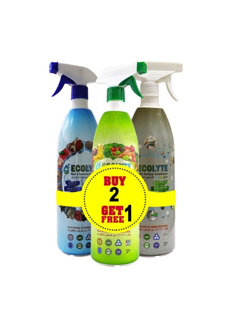 Ecolyte+ All in one Bundle (1 Ltr, 3pcs) Buy Two get one Free | Multi Surface Disinfectant | Fruit and vegetable Disinfectant | Meat and Seafood Disinfectant | Complete Natural Disinfectant Bundle
