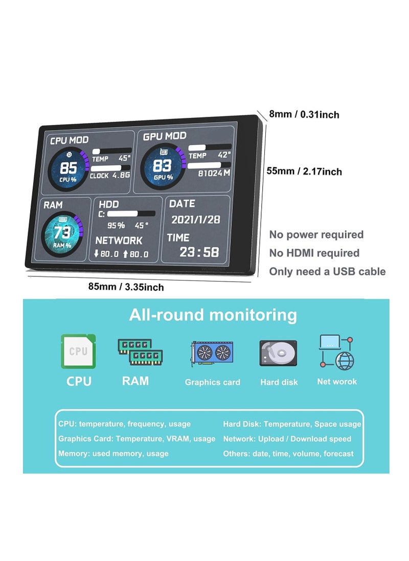 Computer Temp Monitor Pc Temperature Display PC Sensor Panel for PC ARGB Computer Case IPS USB Mini Secondary Screen PC CPU RAM HDD Data Monitor