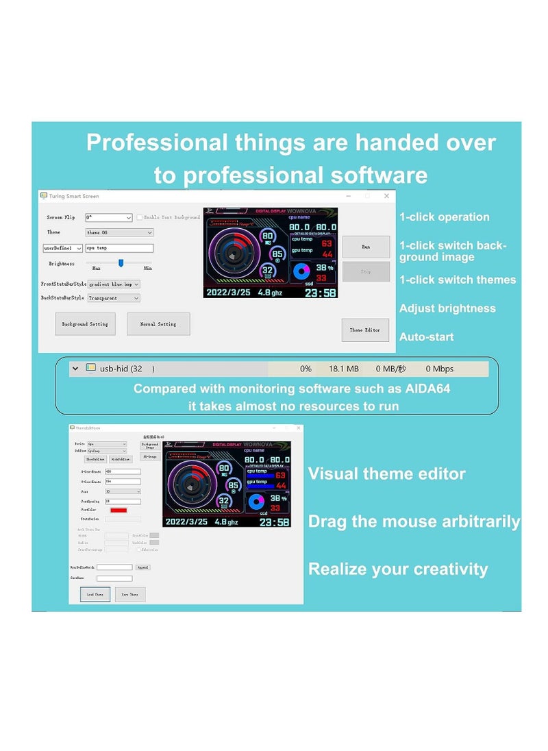 Computer Temp Monitor Pc Temperature Display PC Sensor Panel for PC ARGB Computer Case IPS USB Mini Secondary Screen PC CPU RAM HDD Data Monitor