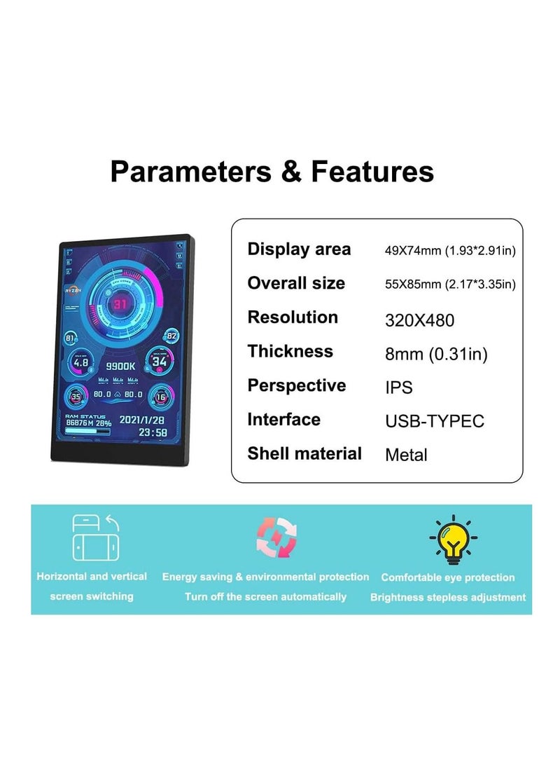 Computer Temp Monitor Pc Temperature Display PC Sensor Panel for PC ARGB Computer Case IPS USB Mini Secondary Screen PC CPU RAM HDD Data Monitor