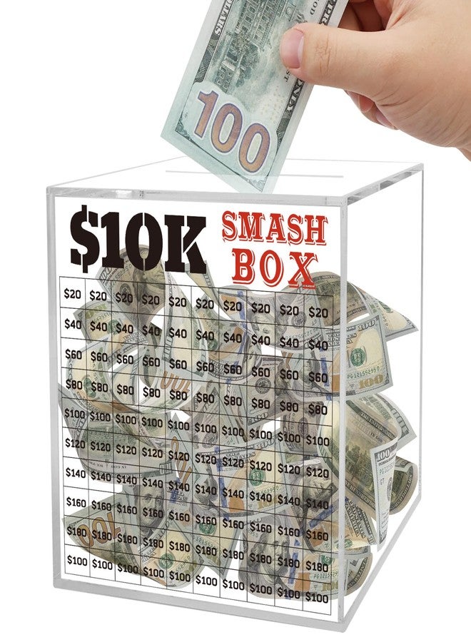BLSUREFYX 10K Smash Box for Money Saving Challenge 4.72 Inch Clear Acrylic Piggy Bank for Cash Coin Unbreakable $10000 Money Saving Challenge Vault Fun Financial Gift for Men Women Teens Must Break to Open - Image 1