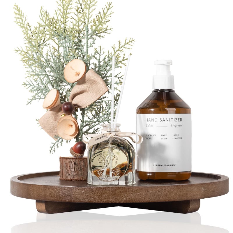 zoocatia Round Decorative Tray Wood Bathroom Counter Organizer Farmhouse Kitchen Decor Wooden Riser for Soap Dish, Perfume, Candle, Sponge, 12" - Walnut - Image 5