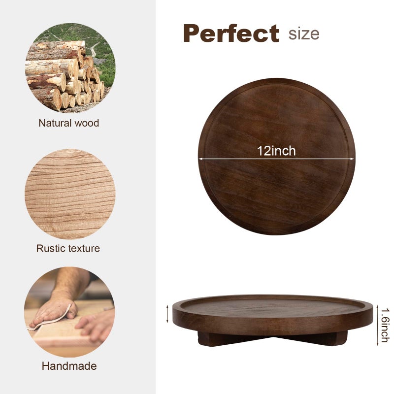 zoocatia Round Decorative Tray Wood Bathroom Counter Organizer Farmhouse Kitchen Decor Wooden Riser for Soap Dish, Perfume, Candle, Sponge, 12" - Walnut - Image 4