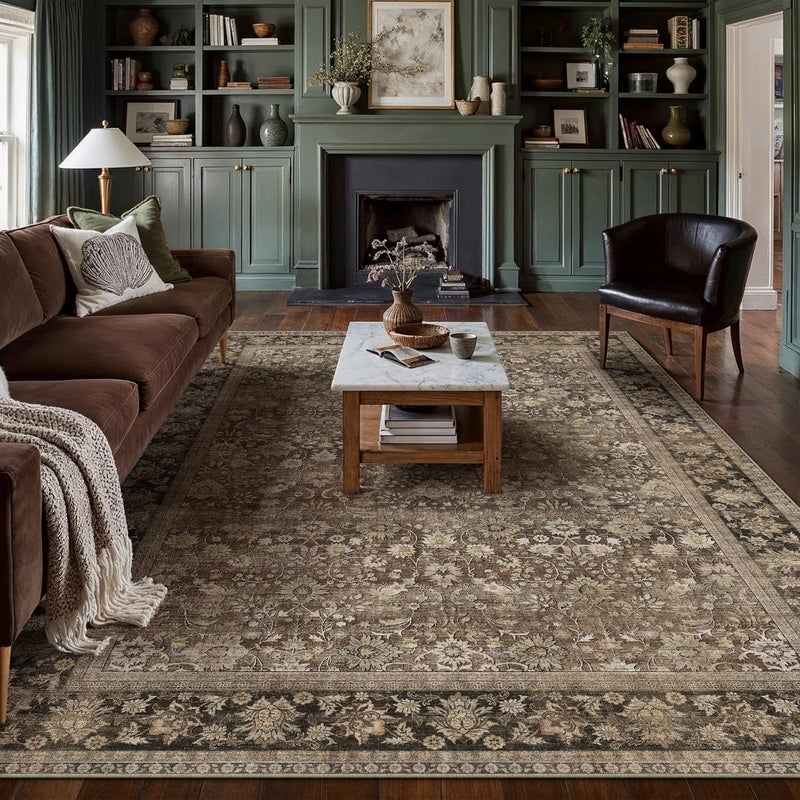 HUGEAR 8x10 Machine Washable Rugs Brown Hallway Large Area Rug Indoor Accent Rug Floral Low Pile Carpet Soft Throw Aesthetic Rug Bedroom Living Room Office Dining Room Kitchen Laundry Room - Image 3