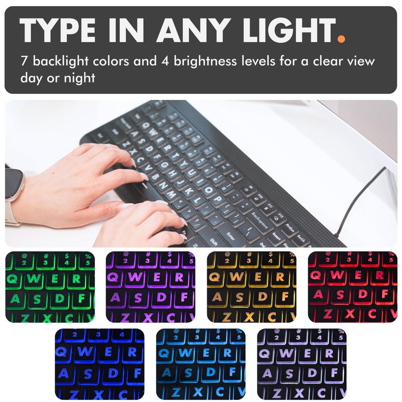 X9 Performance X9 Large Print Backlit Computer Keyboard - Easy to See Big Letters - Lighted USB Wired Keyboard with 7-Colors Backlight LED, Full Size Oversized Light Up Keyboard for Windows, PC, Laptop, Desktop - Image 3