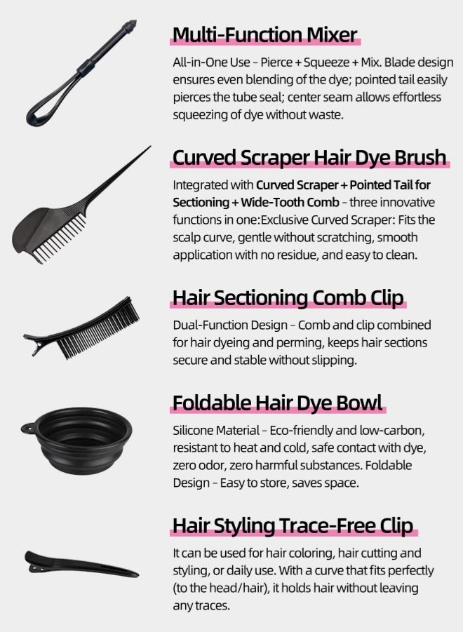 Zcheer Professional 5-Piece Hair Dye Coloring Kit with Scraper Brush, Mixing Stick, Comb Clips, Foldable Bowl & No-Trace Hair Clips, for Salon, Home DIY Hair Dyeing & Highlighting - Image 2