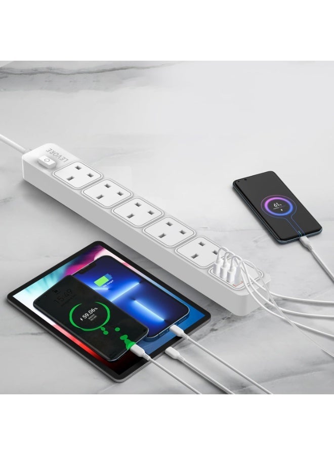 LEVORE LGE141 Power Socket Extension – 5 AC Outlets with 3 USB Ports, PD 3.0 Fast Charging & QC 3.0, Wall Mountable Power Strip, Short Circuit Protection, 750° Flame Resistant – White - Image 2