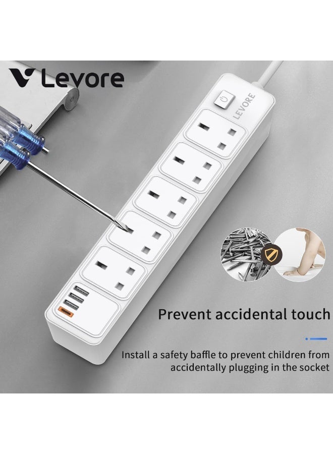 LEVORE LGE141 Power Socket Extension – 5 AC Outlets with 3 USB Ports, PD 3.0 Fast Charging & QC 3.0, Wall Mountable Power Strip, Short Circuit Protection, 750° Flame Resistant – White - Image 3