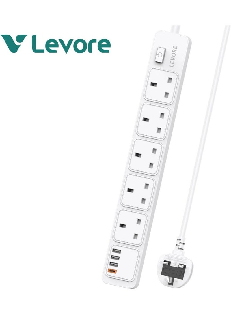 LEVORE LGE141 Power Socket Extension – 5 AC Outlets with 3 USB Ports, PD 3.0 Fast Charging & QC 3.0, Wall Mountable Power Strip, Short Circuit Protection, 750° Flame Resistant – White - Image 1