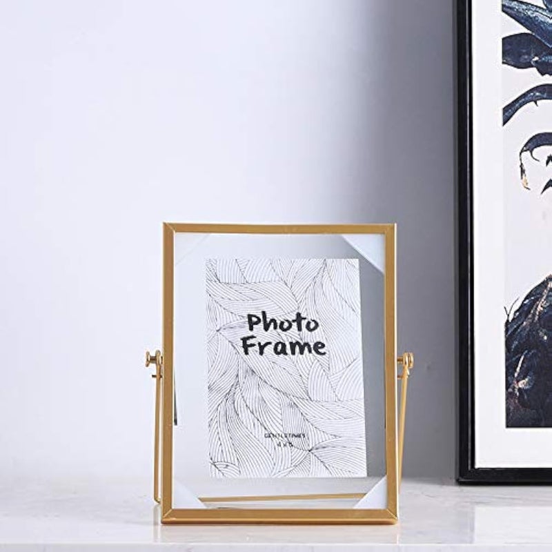 XIAOHONG 2 Pack 4x6 Metal Floating Glass Picture Frame with Metal Easel Vertical 6x4 Glass Photo Frame Metal Geometric Picture Frame For Photos Art Tabletop Display Gold - Image 1