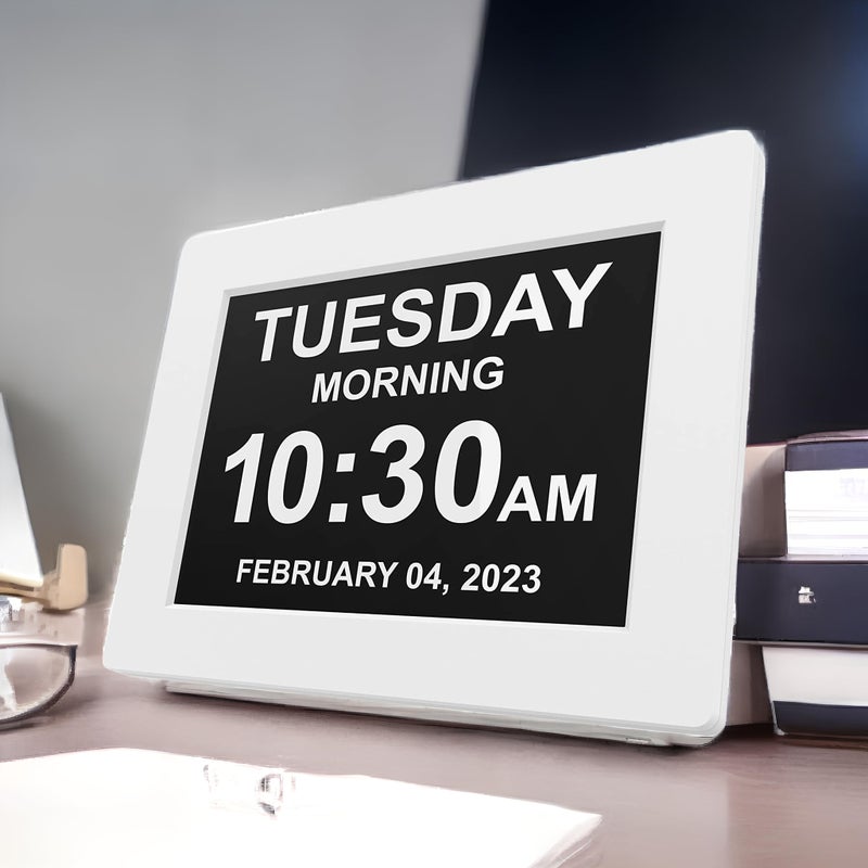 Pokanic Digital Calendar Date Multi Alarm Clock 8 inch Large Display AutoDimming Electic Desk Table Wall Mount Office Home Kitchen Room School Bedroom Living Room White - Image 2