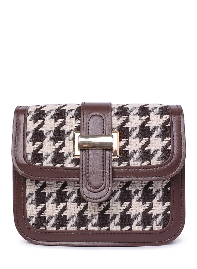 London Rag Espresso Houndstooth Woven Detail Sling Bag