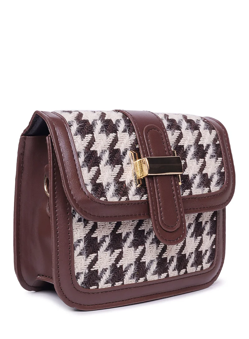 London Rag Espresso Houndstooth Woven Detail Sling Bag