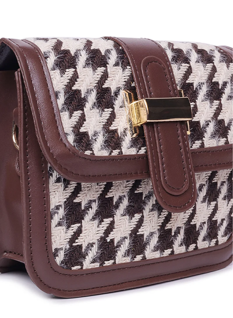 London Rag Espresso Houndstooth Woven Detail Sling Bag