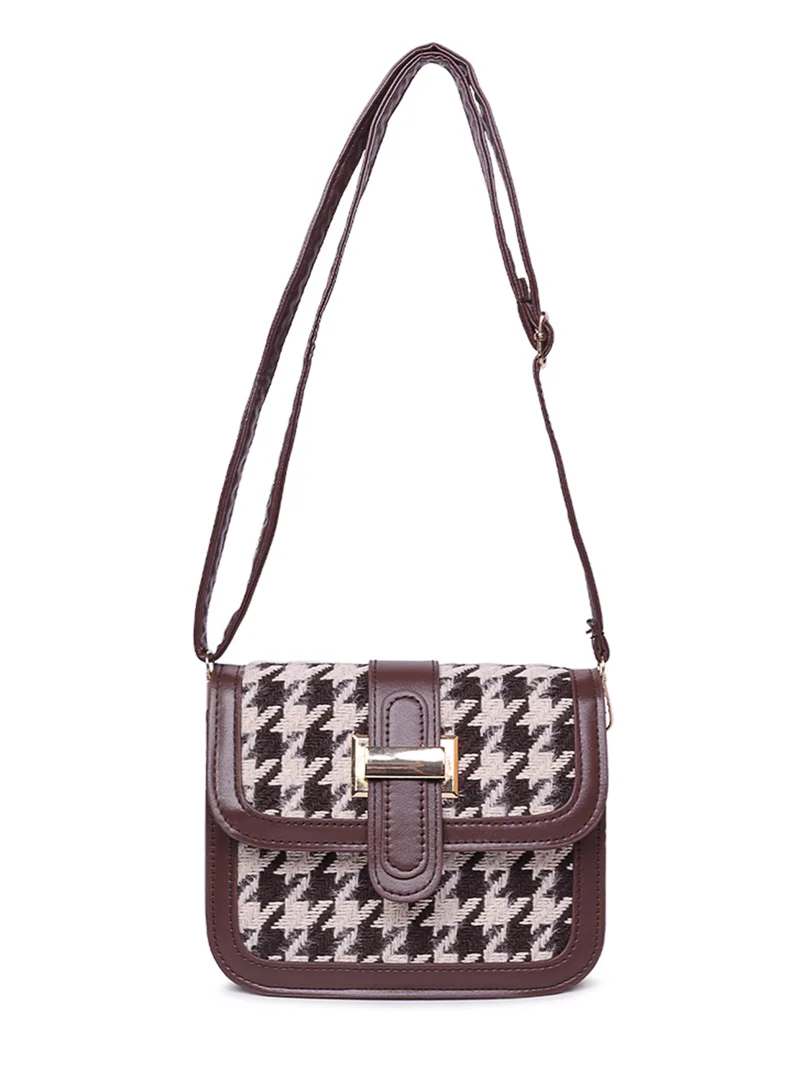 London Rag Espresso Houndstooth Woven Detail Sling Bag