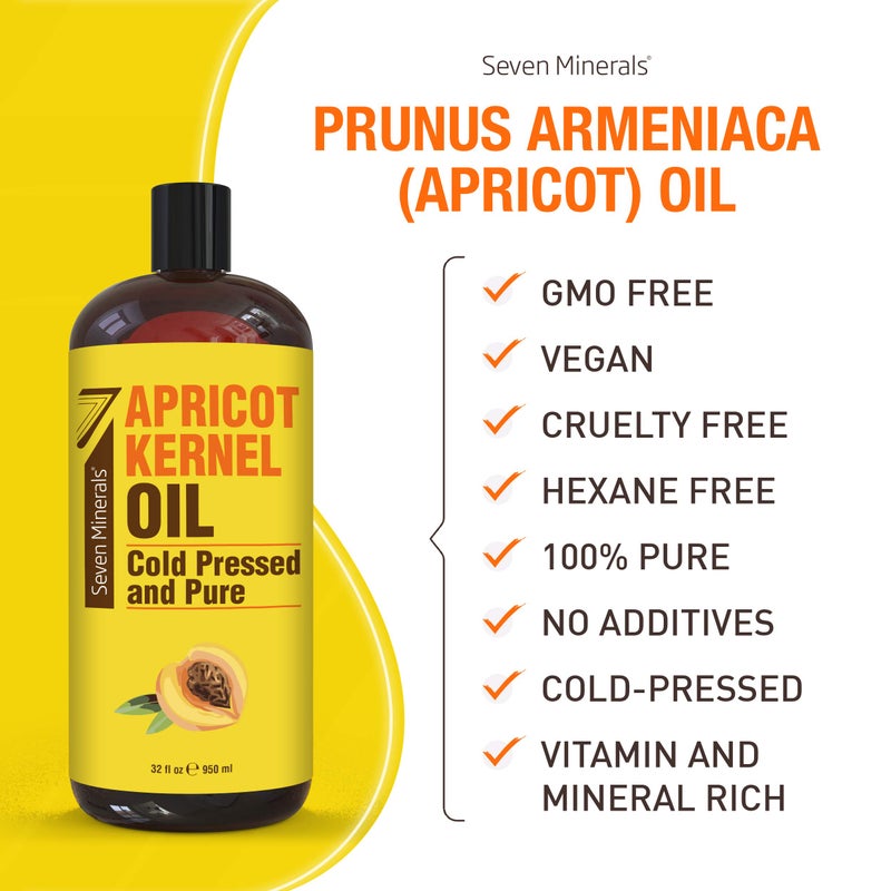 Seven Minerals Pure Cold Pressed Apricot Kernel Oil - Big 32 fl oz Bottle - Non-GMO, Hexane Free, Natural & Lightweight Moisturizer for All Skin Types - Perfect Oil for Massage Therapy & Aromatherapy - Image 2
