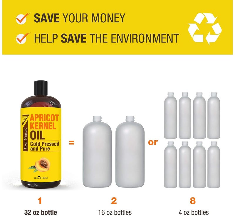 Seven Minerals Pure Cold Pressed Apricot Kernel Oil - Big 32 fl oz Bottle - Non-GMO, Hexane Free, Natural & Lightweight Moisturizer for All Skin Types - Perfect Oil for Massage Therapy & Aromatherapy - Image 4